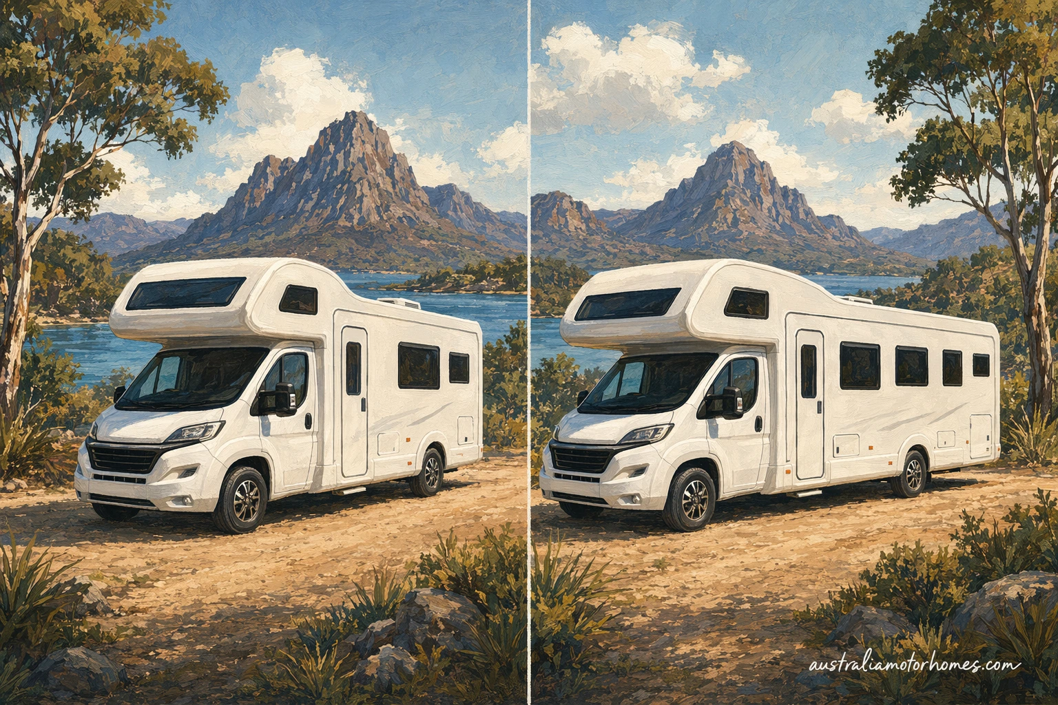 Illustration of a white Maui-shape cab-over campervan with no branding parked beside a smaller four-berth motorhome at a dusty outback roadhouse, road train passing in the background, semi-realistic painterly style.