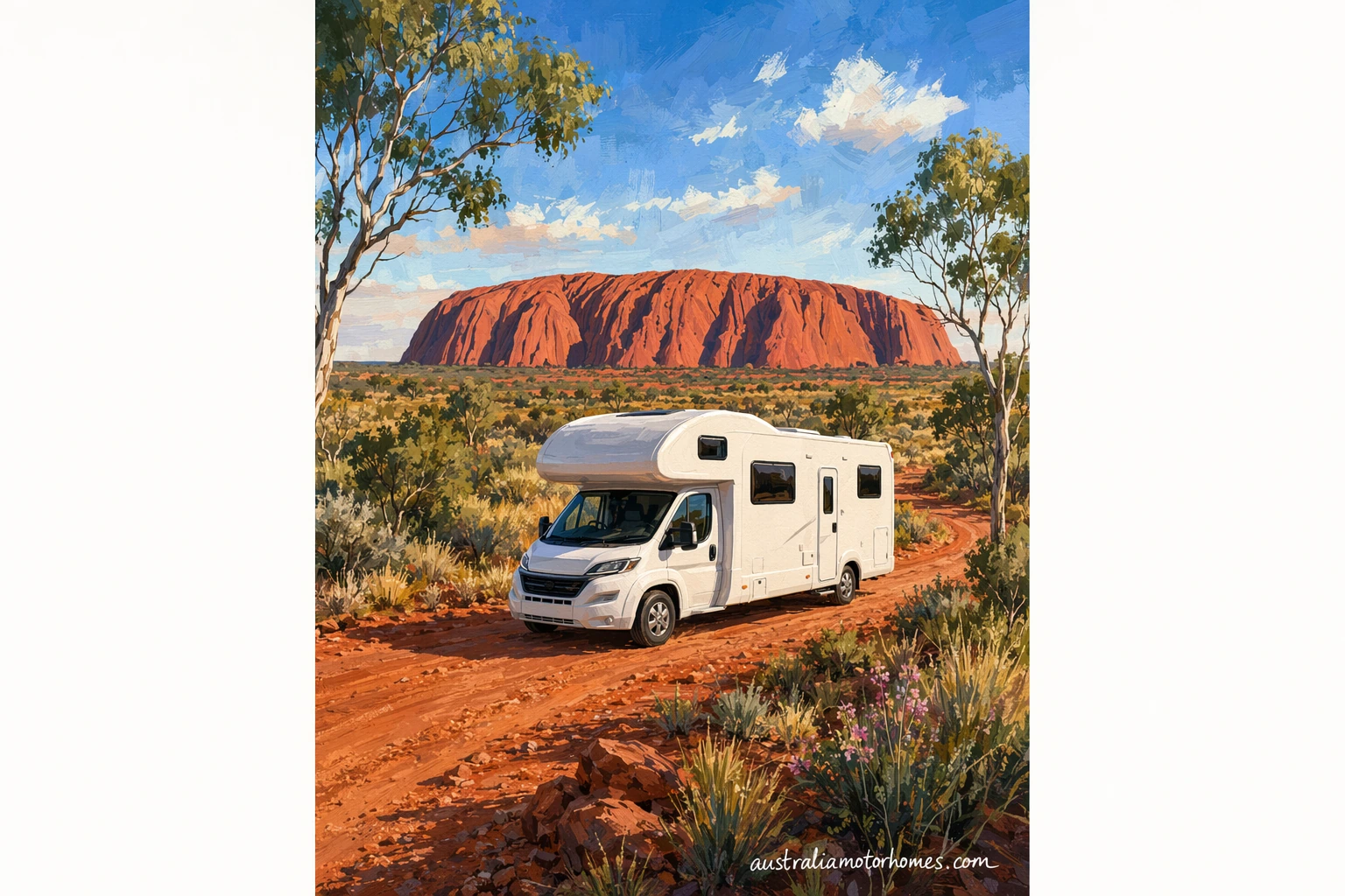 Illustration of a Maui-shape campervan with no branding parked beside a red-dirt Outback road at golden hour, a long road train in the distance, spinifex and low ranges under a huge blue sky, semi-realistic painterly style.