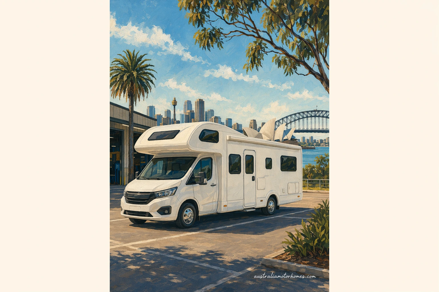 Illustration of a Maui-shape campervan with no branding leaving Sydney’s airport-side roads at sunset, harbour skyline faint in the distance, gum trees and motorway signs ahead, semi-realistic painterly style.