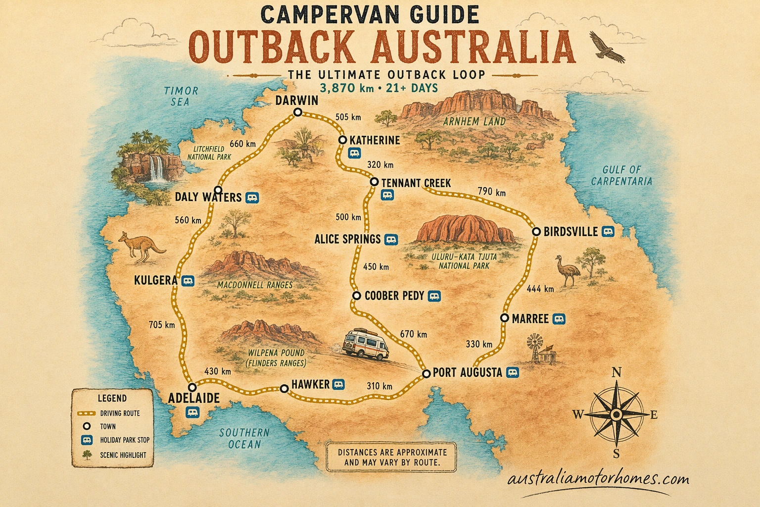 Illustrated route map — A self-driver campervan guide outback Australia can actually use