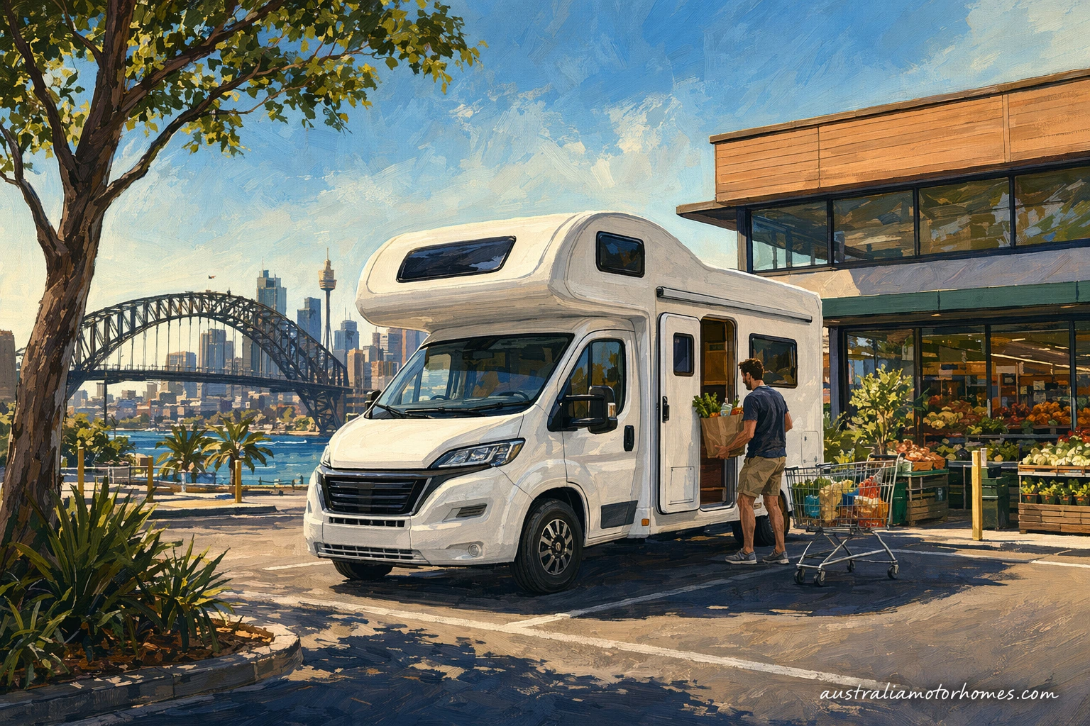 Illustration of a semi-realistic painterly Maui-shape campervan with no branding parked in an open-air Sydney shopping centre bay, trolley of groceries beside it, harbour-blue sky in the distance, LPG bottle and water hose neatly packed for the road