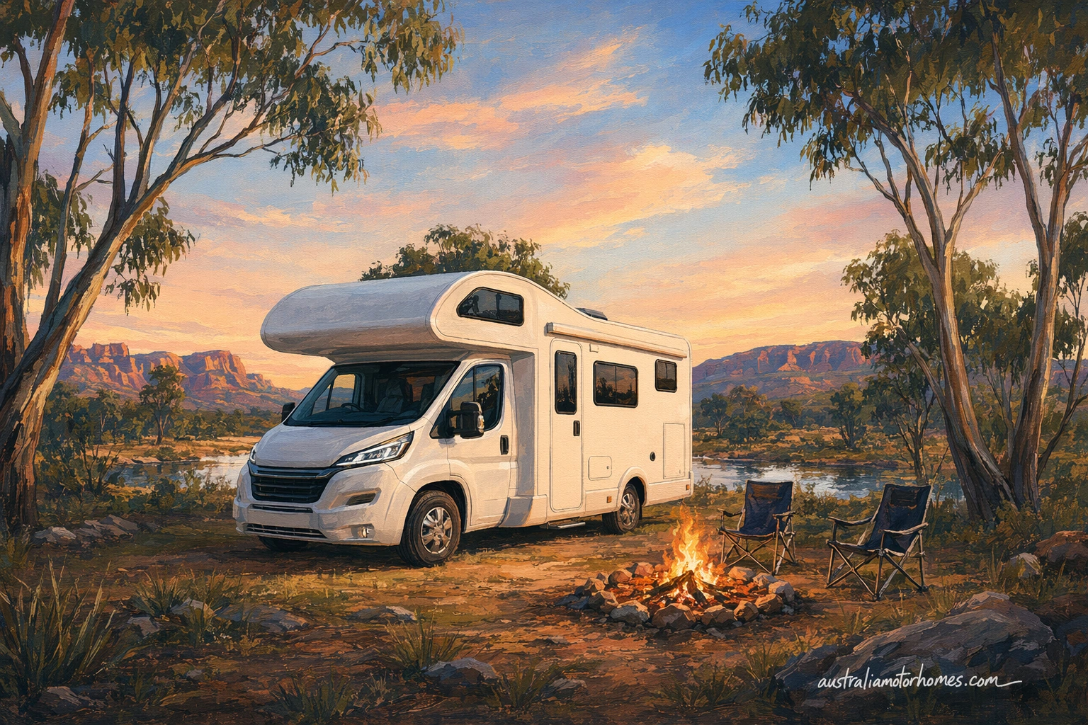 Illustration of a Maui-shape campervan with no branding parked at a dusty Australian free camp at dusk, a cold unused fire ring in the foreground, red dirt, gum trees, a Total Fire Ban sign and distant road train lights, semi-realistic painterly style.