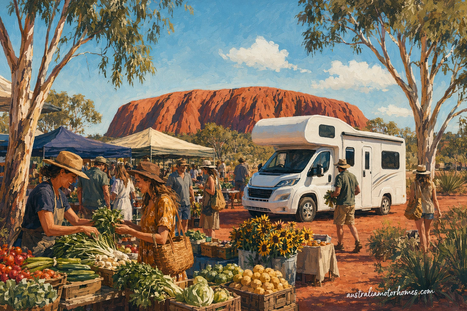 Illustration of a Maui-shape campervan with no branding parked beside a red-dust outback farmers market, crates of mangoes and tomatoes under shade gazebos, road train in the distance, semi-realistic painterly style.