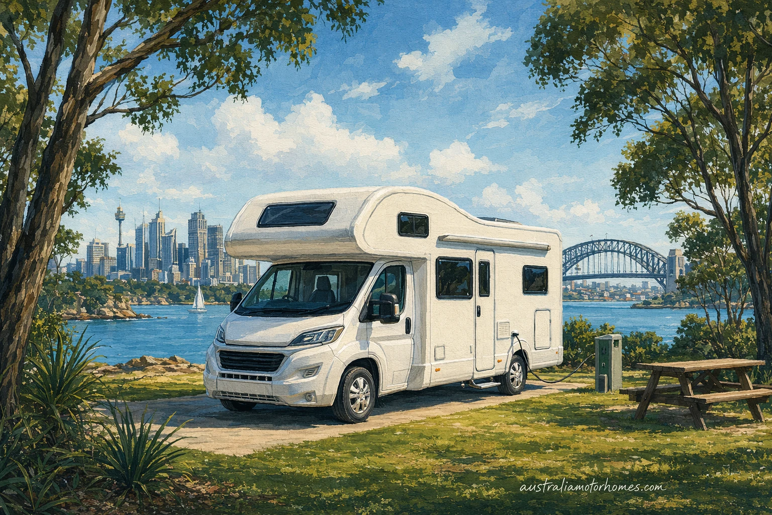 Illustration of a white Maui-shape campervan with no branding parked under eucalypts at a Sydney holiday park, power lead connected, harbour skyline faint in the distance, semi-realistic painterly style.