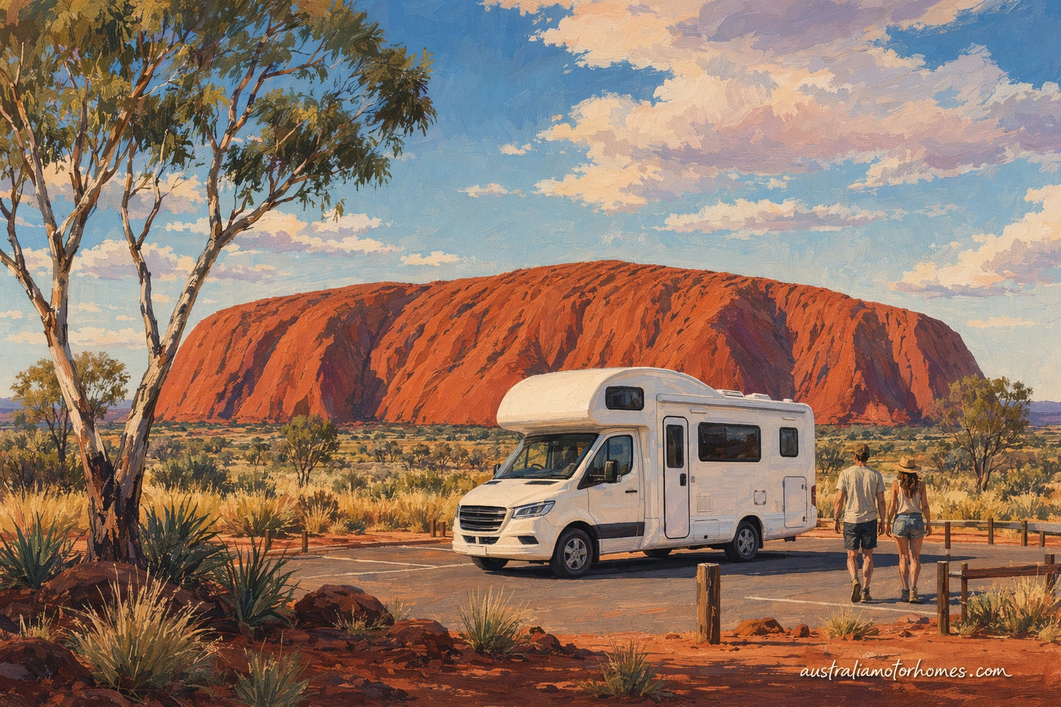 Illustration of a Maui-shape campervan with no branding parked in a marked Red Centre viewing area near Uluru at sunrise, red dust on the tyres, low spinifex and distant Kata Tjuta tones, semi-realistic painterly style.